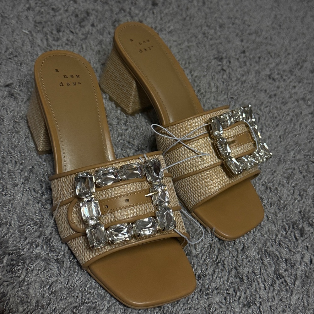 a new day Tan Raffia Slide Sandals with Crystal Buckles
